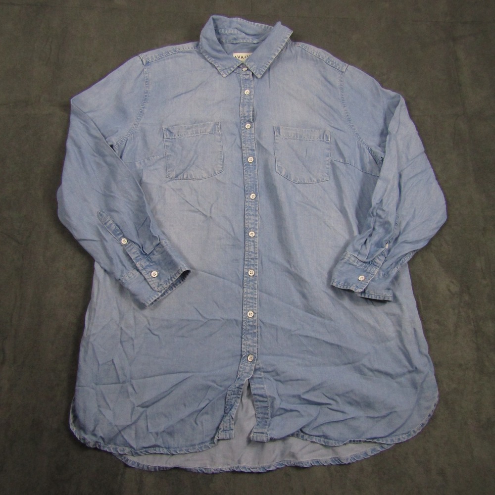 Ava & Viv Button Down Shirt Women 1X Blue Chambray Lyocell Long Sleeve Blouse